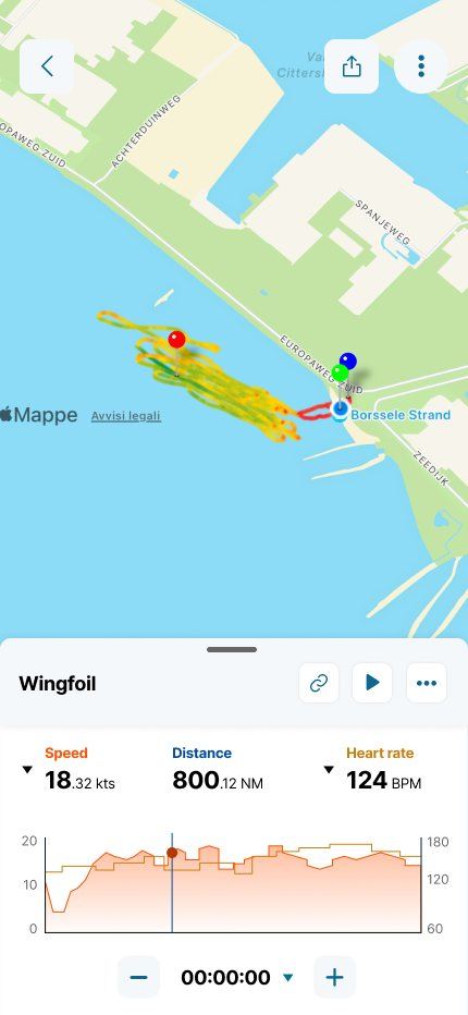 Waterspeed session detail with map, speed chart and replay controls