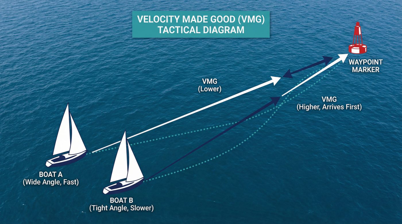 VMG-Diagramm: Ein langsameres Boot auf einem engeren Winkel erreicht die Tonne zuerst