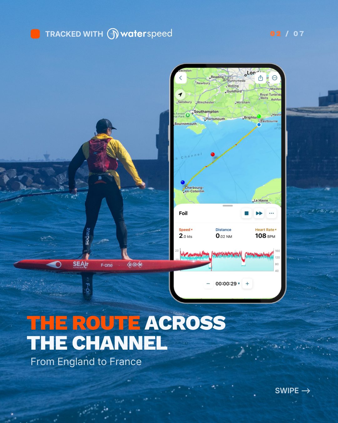 Die Route von Erwan Jauffroy über den Ärmelkanal, getrackt mit Waterspeed