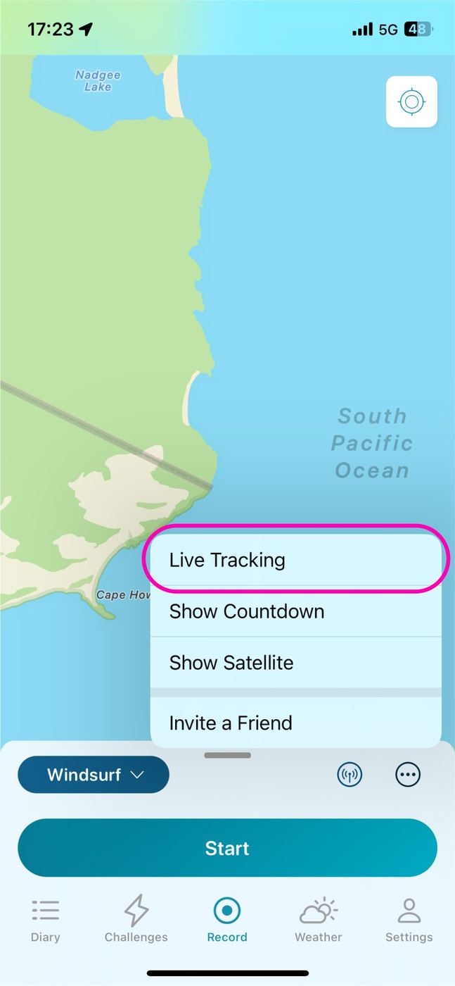 Opzione Live Tracking nella schermata di registrazione di Waterspeed