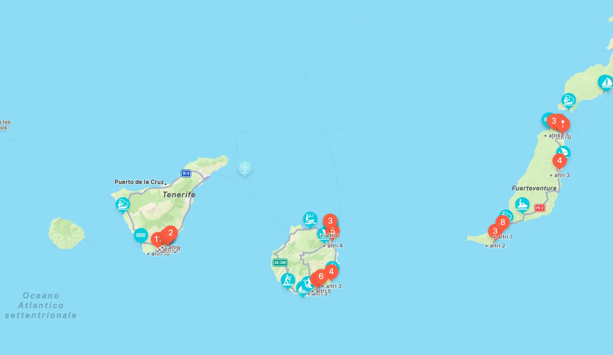 Explore+ map of the Canary Islands with community sessions and spots in Tenerife, Gran Canaria and Fuerteventura